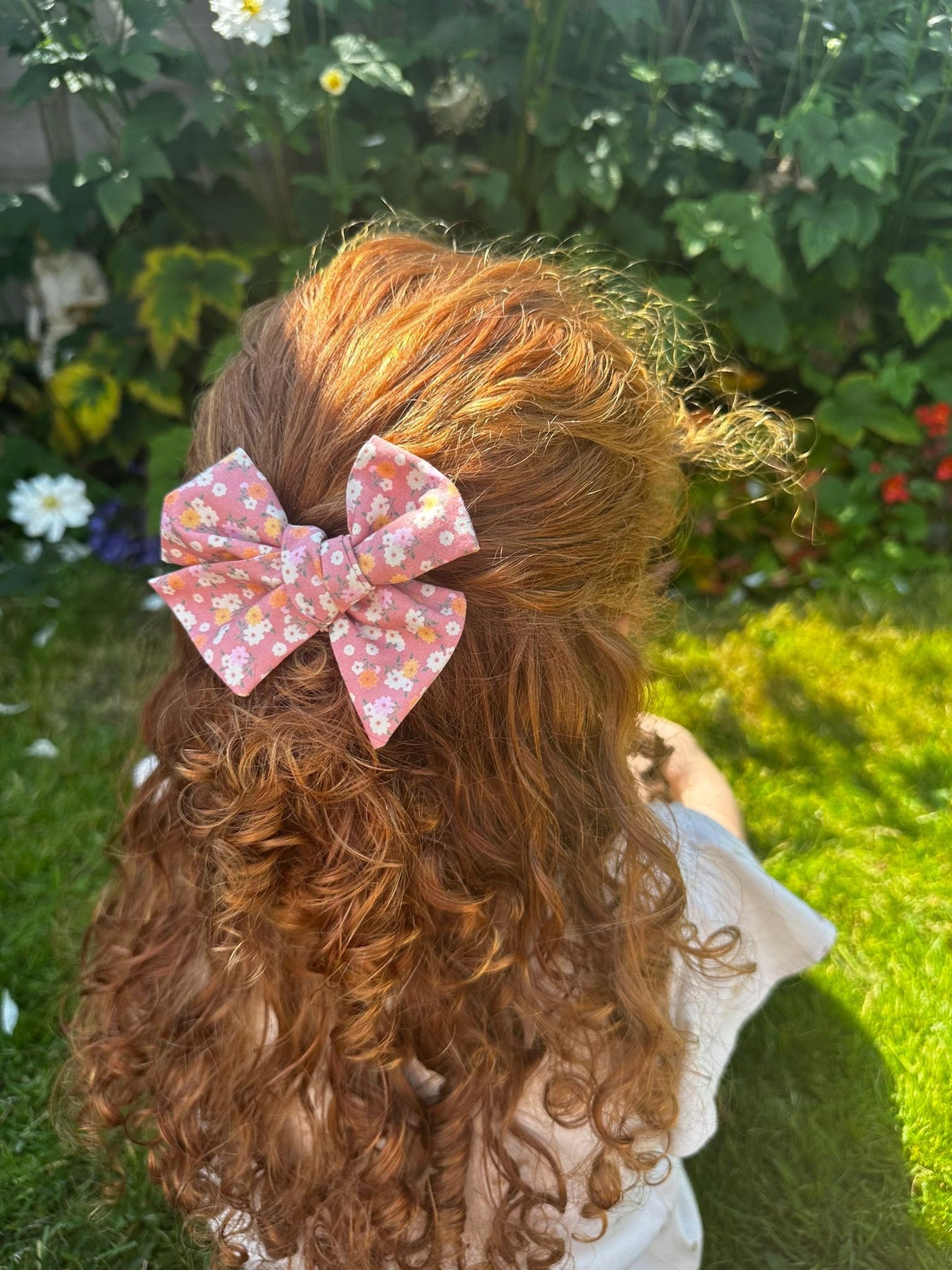 Pink ditsy flower print hand tied bow | clip or bobble | Girl hair clip | hair bow