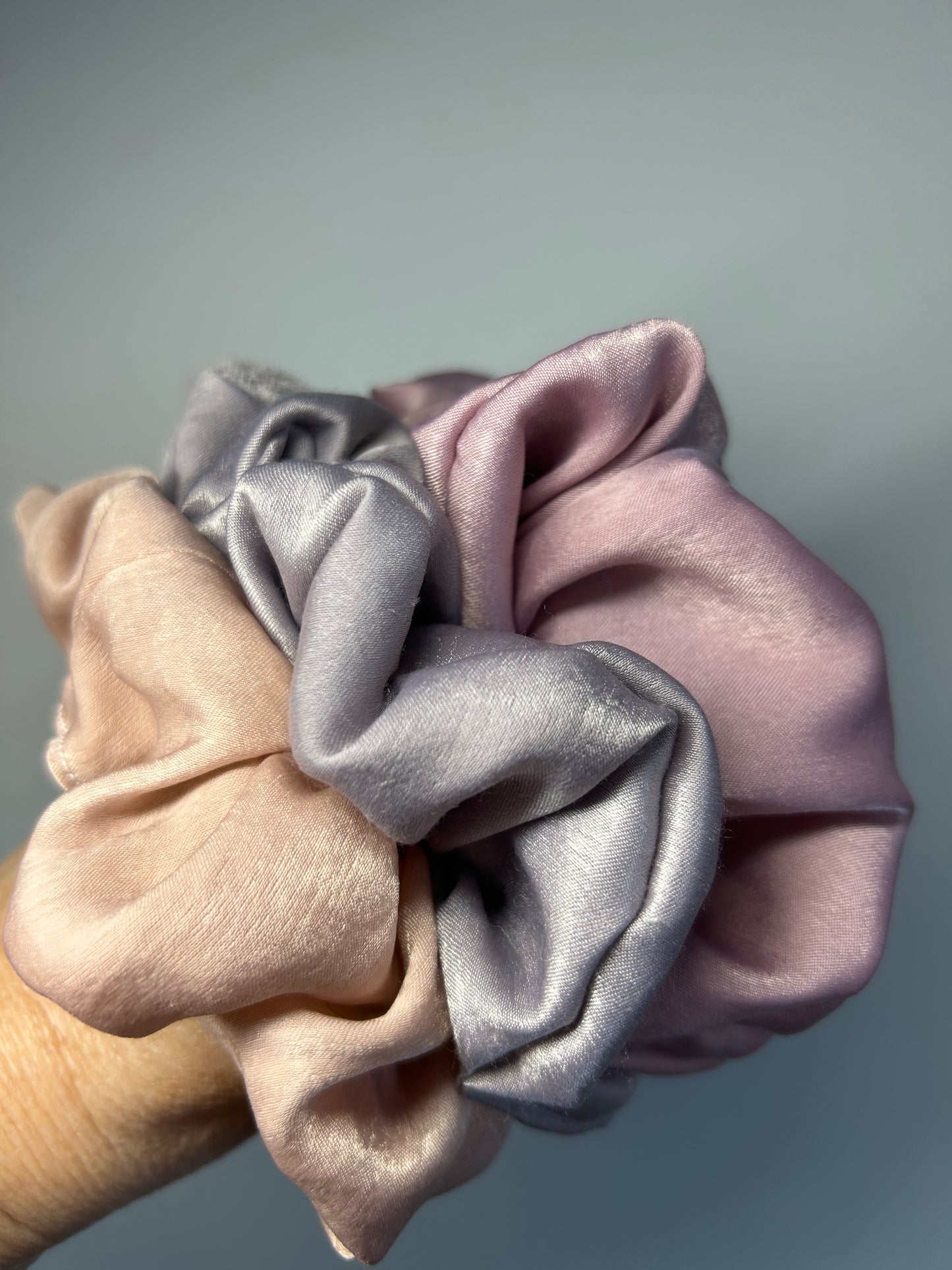 Set of 3 children scrunchies in mauve, dusky pink and grey