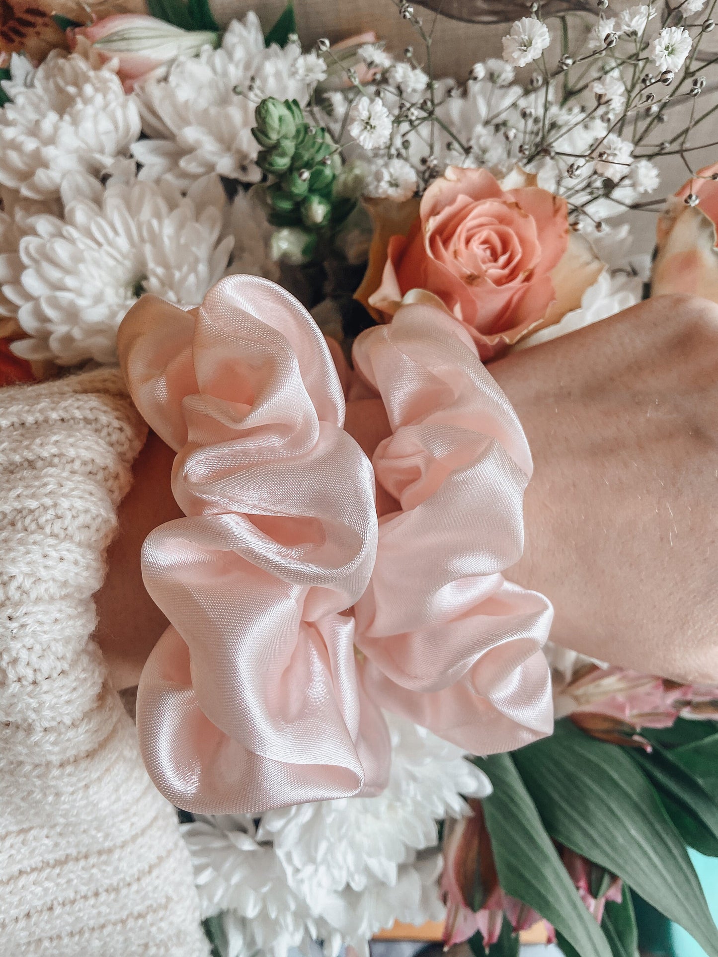 Satin pale pink scrunchies come in various sizes| Satin scrunchie|Mommy & mini| large| medium