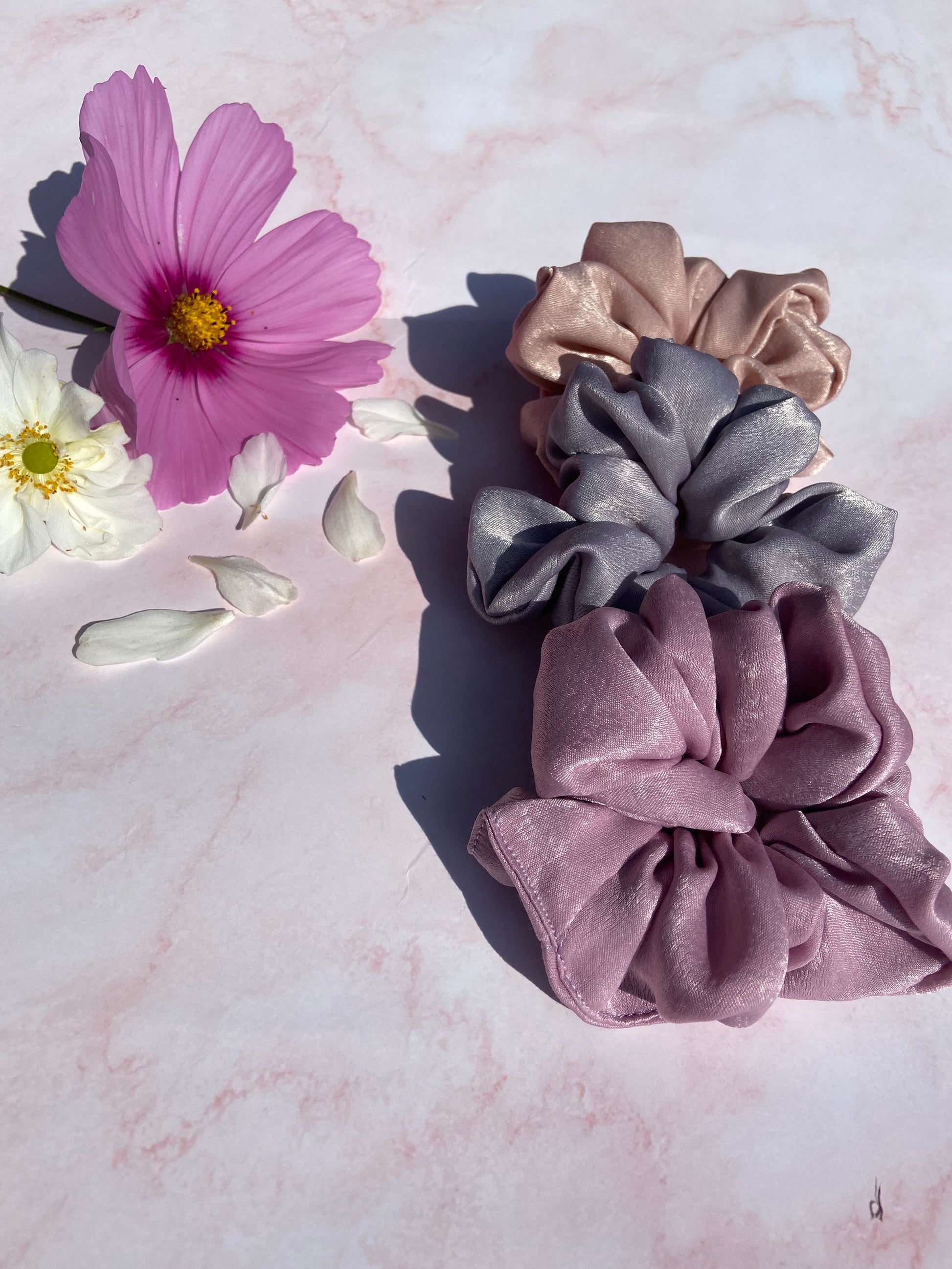 Set of 3 girls scrunchies | handmade | medium | hair accessories | mauve, dusky pink & grey | crushed silk velvet | gift set
