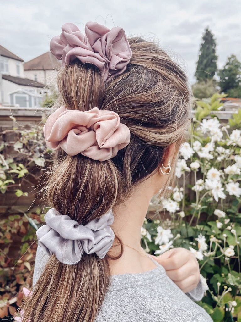 Set of 3 girls scrunchies | handmade | medium | hair accessories | mauve, dusky pink & grey | crushed silk velvet | gift set