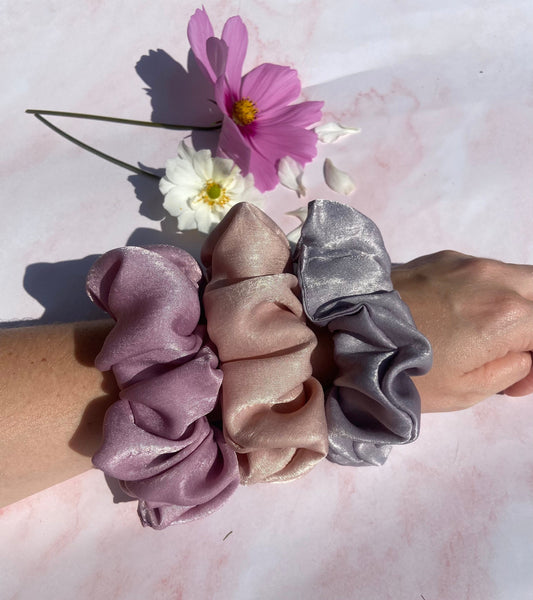 Set of 3 large handmade scrunchies which would make the ideal bridesmaid, birthday gift or thank you gift | Mauve, Grey & Dusky Pink