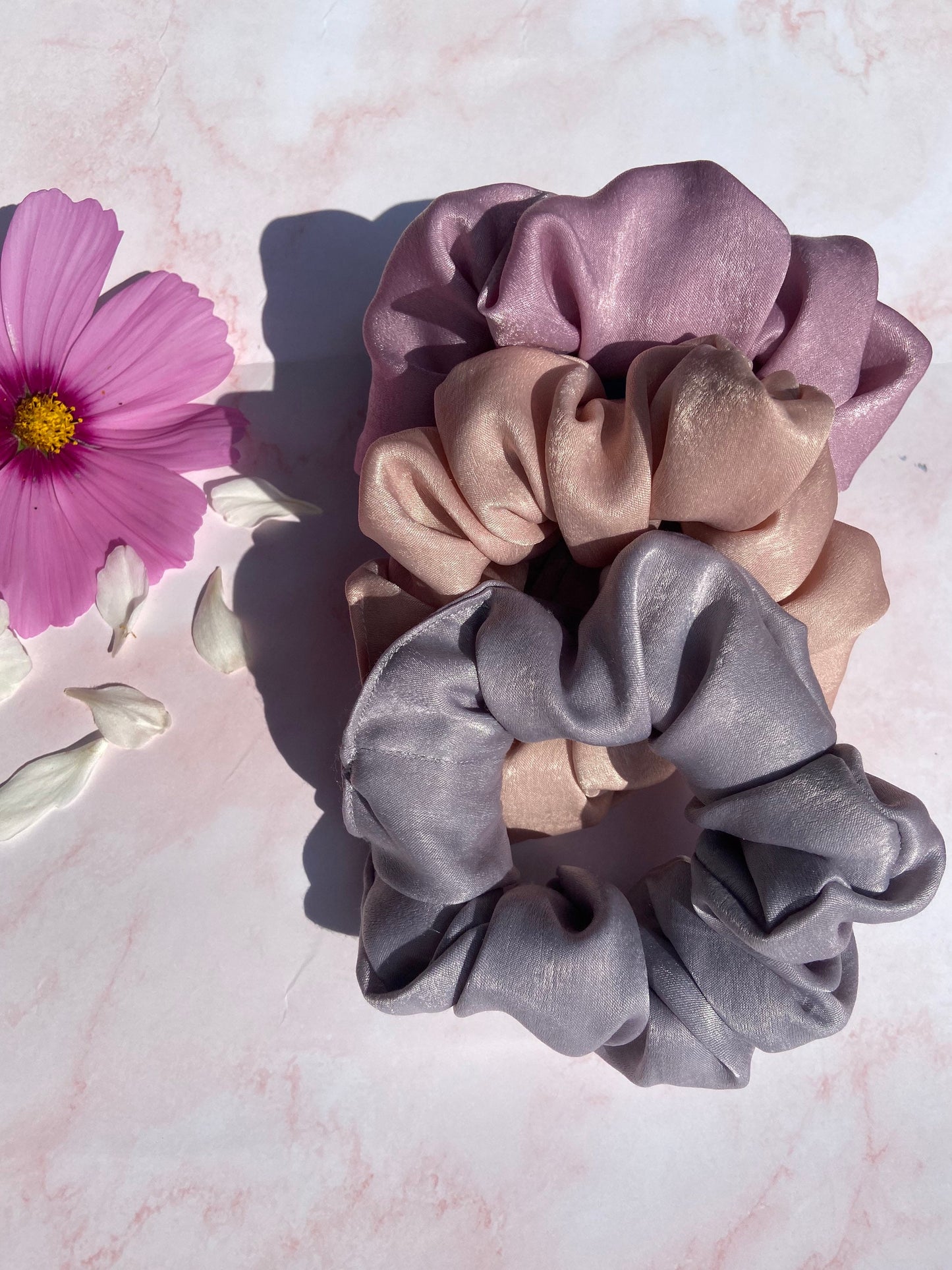 Set of 3 large handmade scrunchies which would make the ideal bridesmaid, birthday gift or thank you gift | Mauve, Grey & Dusky Pink