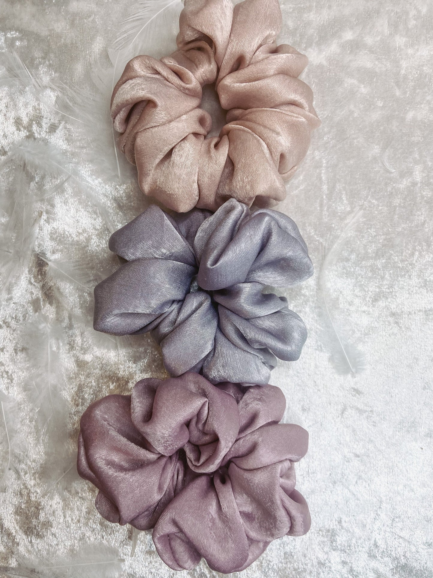 Set of 3 girls scrunchies | handmade | medium | hair accessories | mauve, dusky pink & grey | crushed silk velvet | gift set
