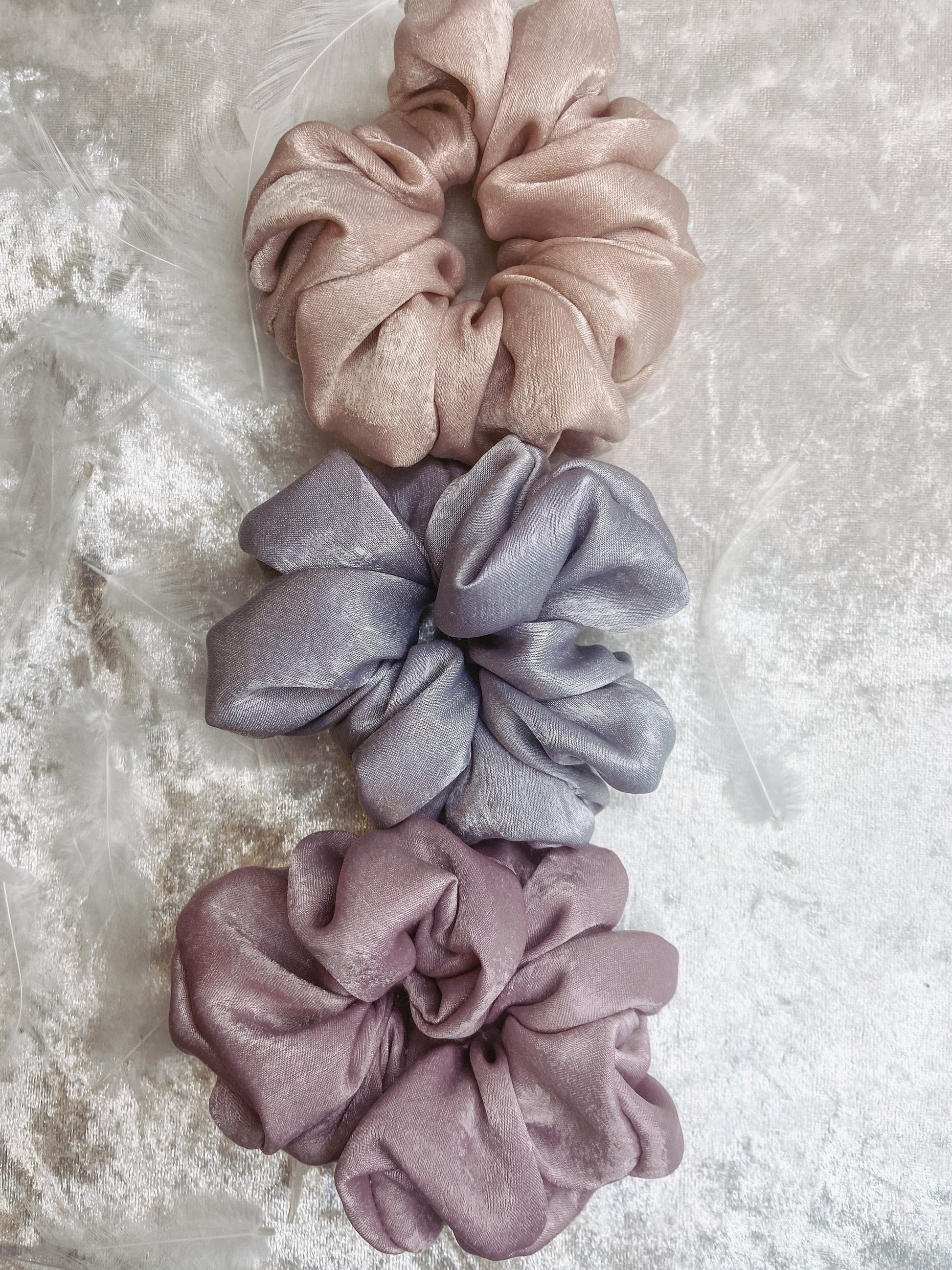 Set of 3 girls scrunchies | handmade | medium | hair accessories | mauve, dusky pink & grey | crushed silk velvet | gift set