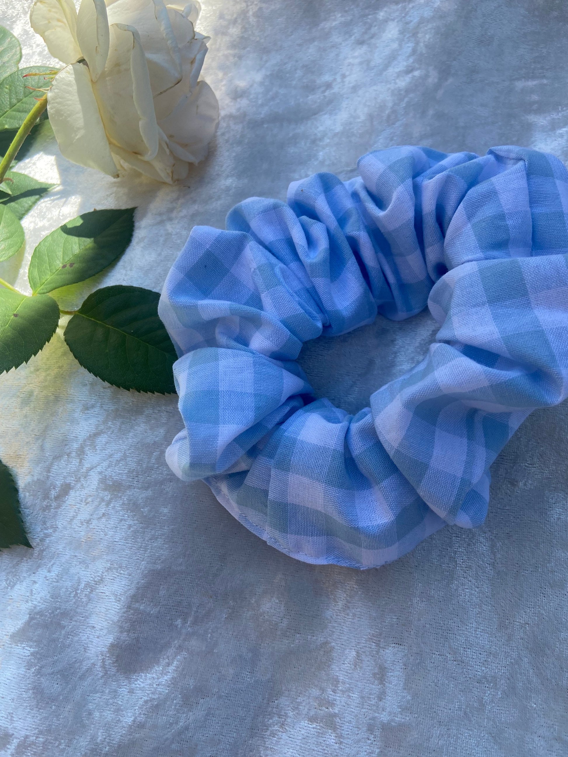 Blue Gingham scrunchie can be bought in different sizes or bought as a mummy & me.