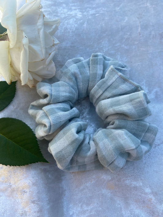 Soft green check scrunchies in a choice of 2 sizes medium and large