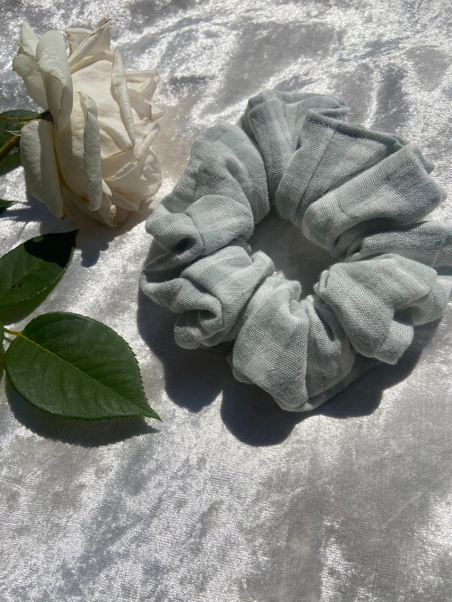 Soft green check scrunchies in a choice of 2 sizes medium and large
