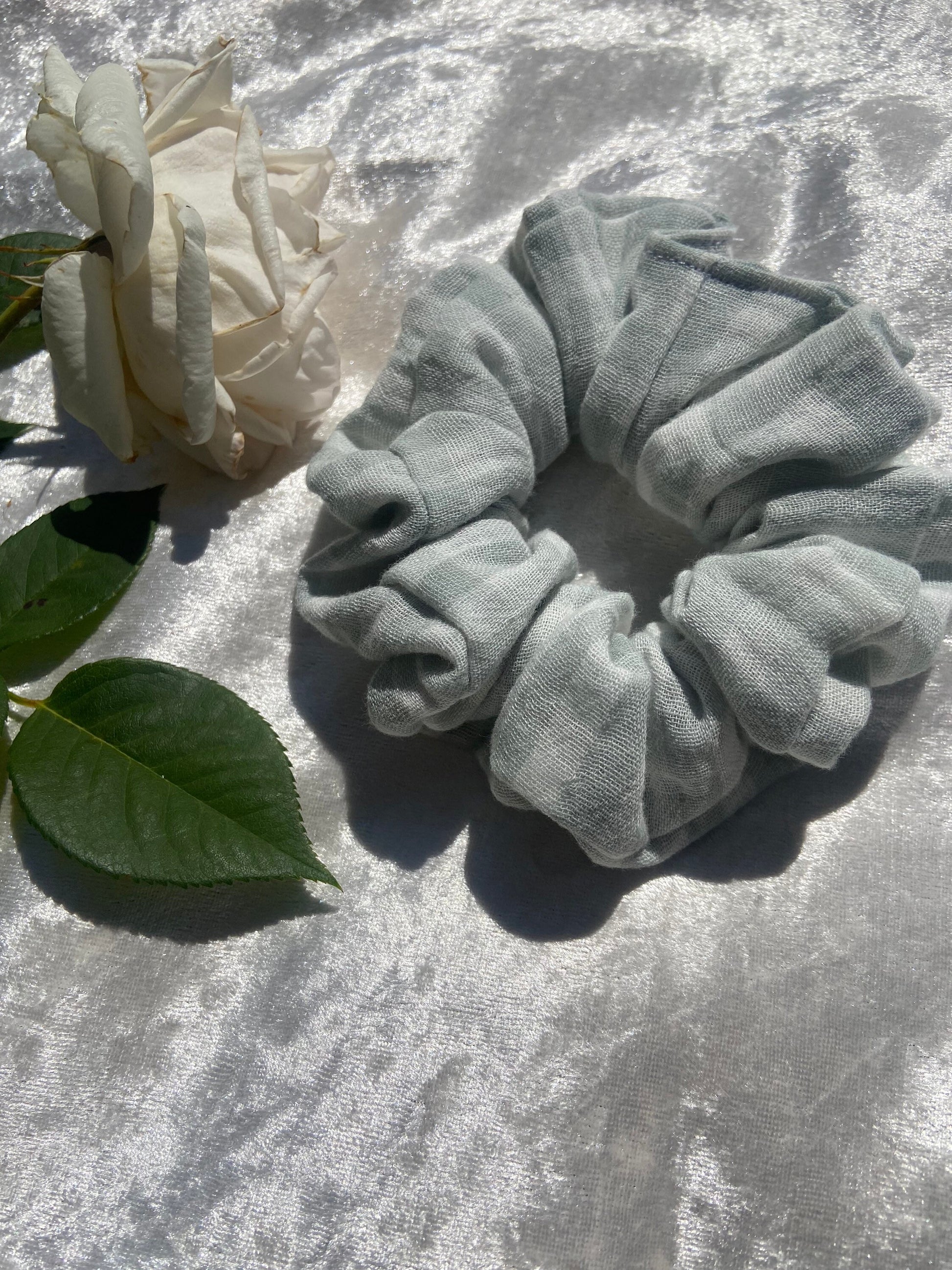 Soft green check scrunchies in a choice of 2 sizes medium and large
