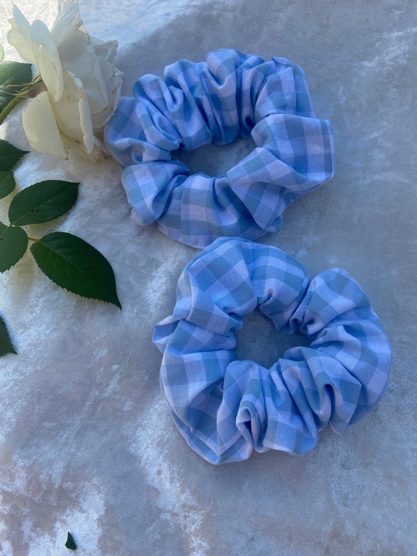 Blue Gingham scrunchie can be bought in different sizes or bought as a mummy & me.
