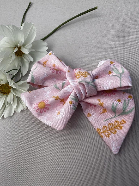 Pink floral hand tied bow | clip or bobble | Girl hair clip | hair bow