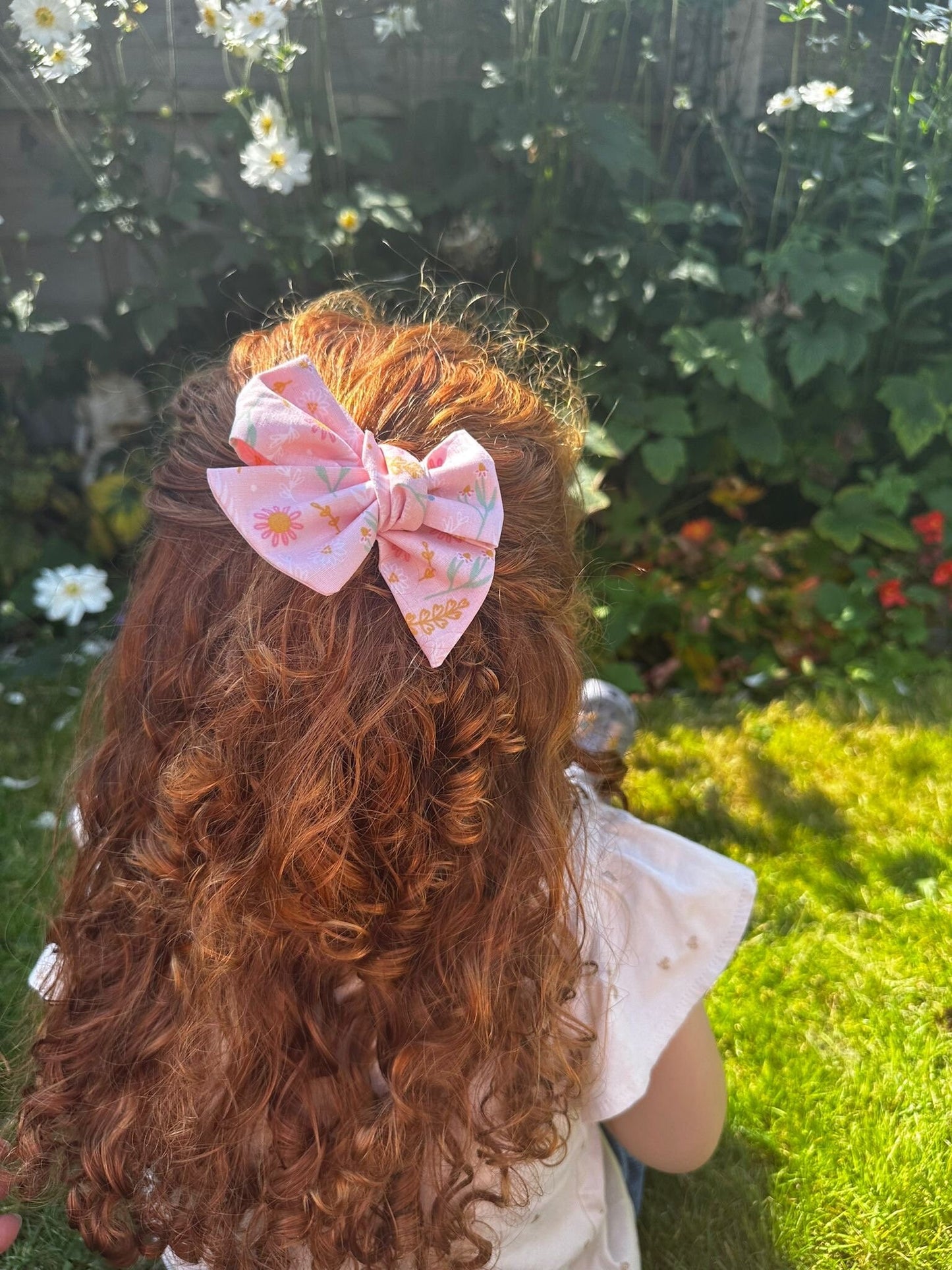 Pink floral hand tied bow | clip or bobble | Girl hair clip | hair bow
