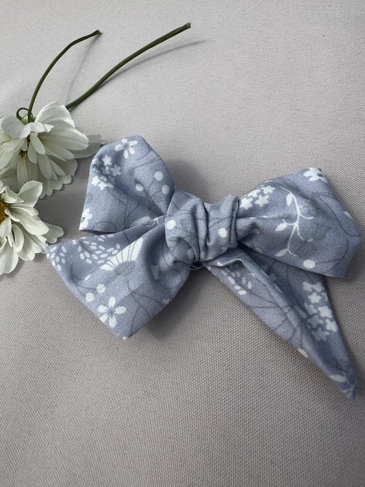 Grey floral hand tied bow | clip or bobble | Girl hair clip | hair bow