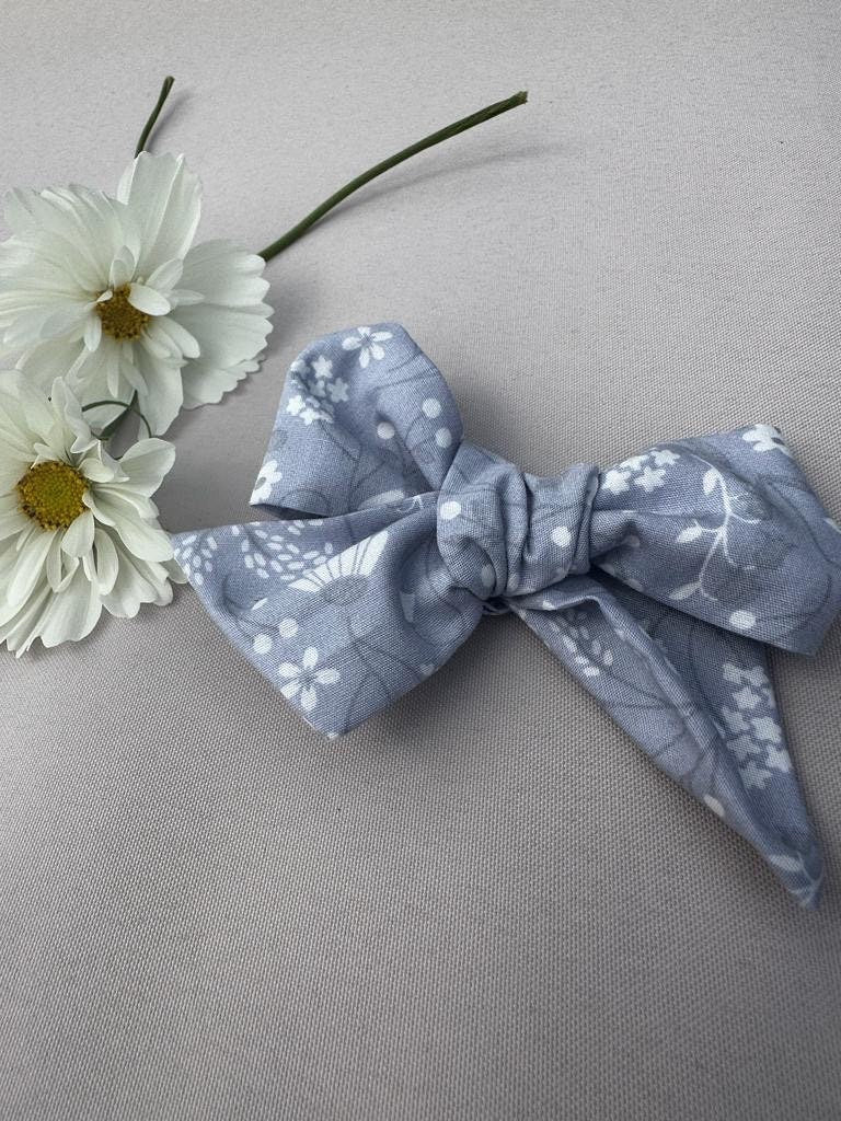 Grey floral hand tied bow | clip or bobble | Girl hair clip | hair bow