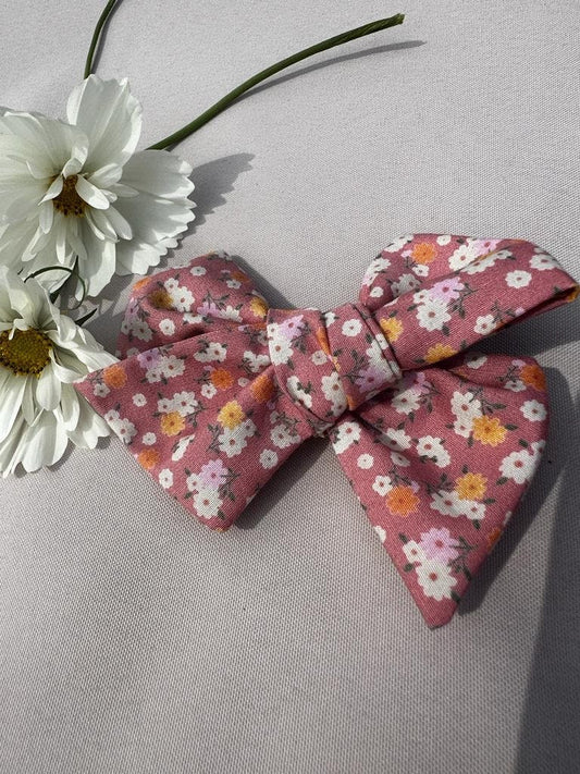 Pink ditsy flower print hand tied bow | clip or bobble | Girl hair clip | hair bow