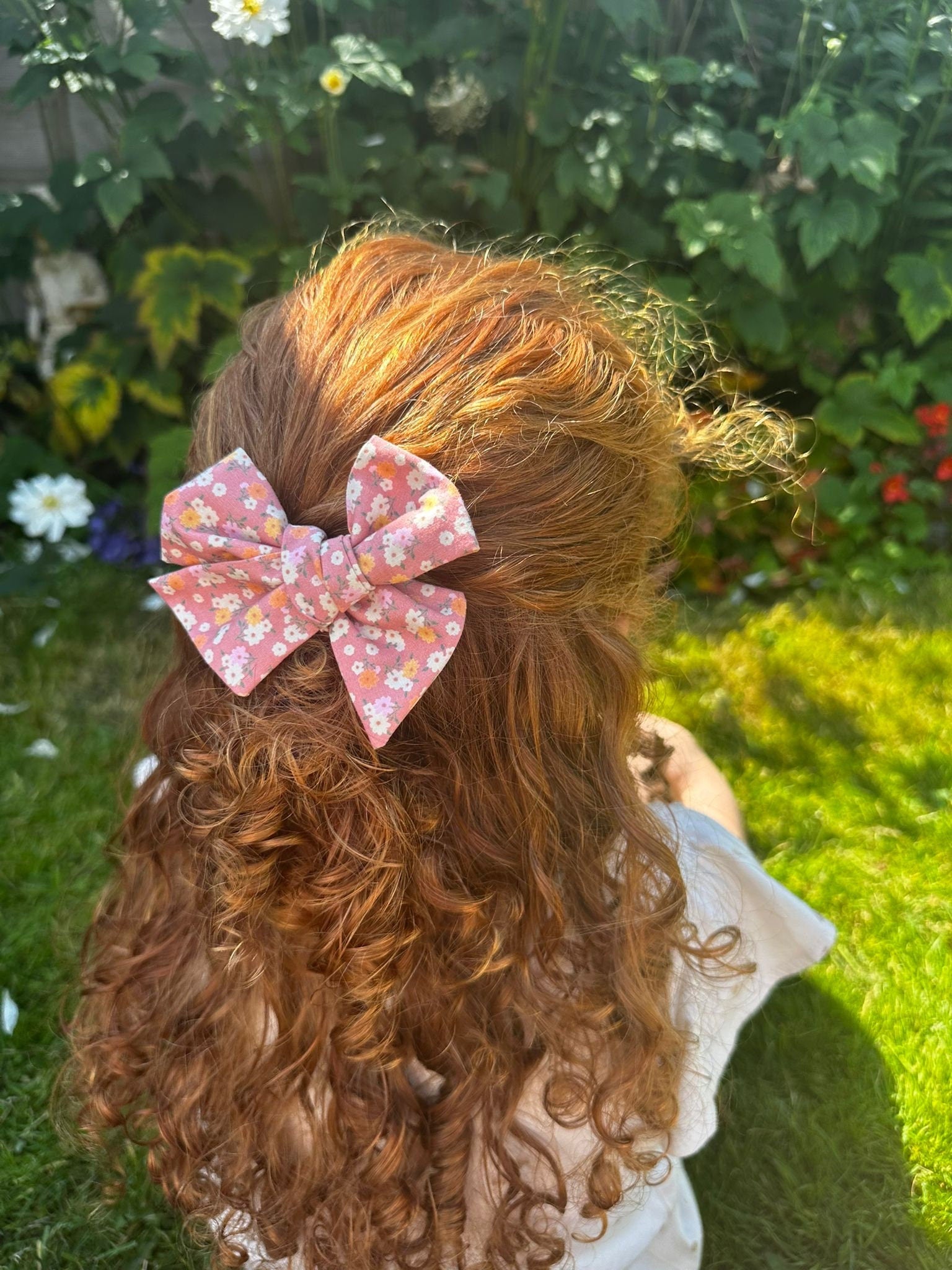 Pink ditsy flower print hand tied bow | clip or bobble | Girl hair clip | hair bow