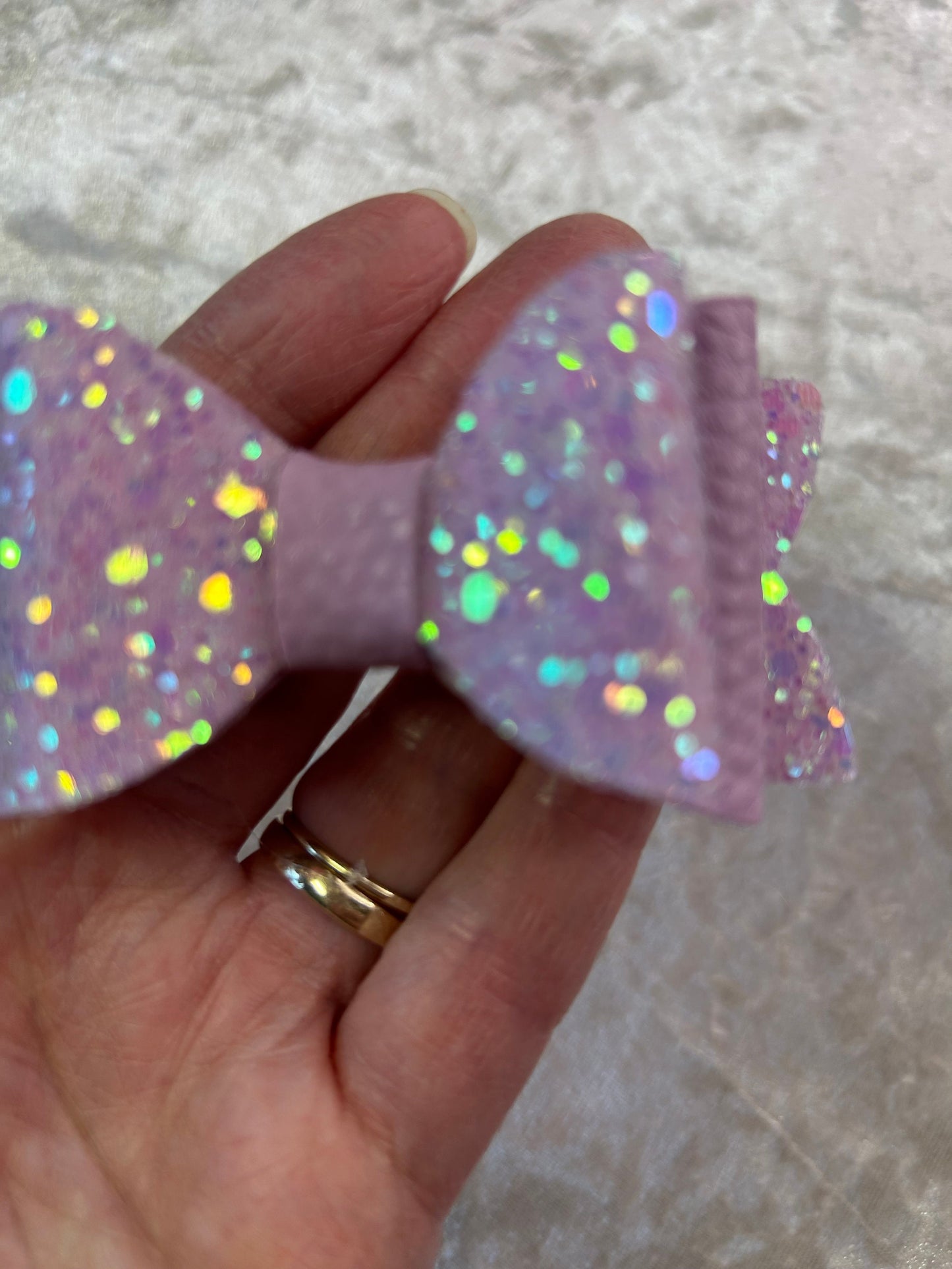 Glitzy Pink Delights, double glitter and pink leatherette bow sold singular.