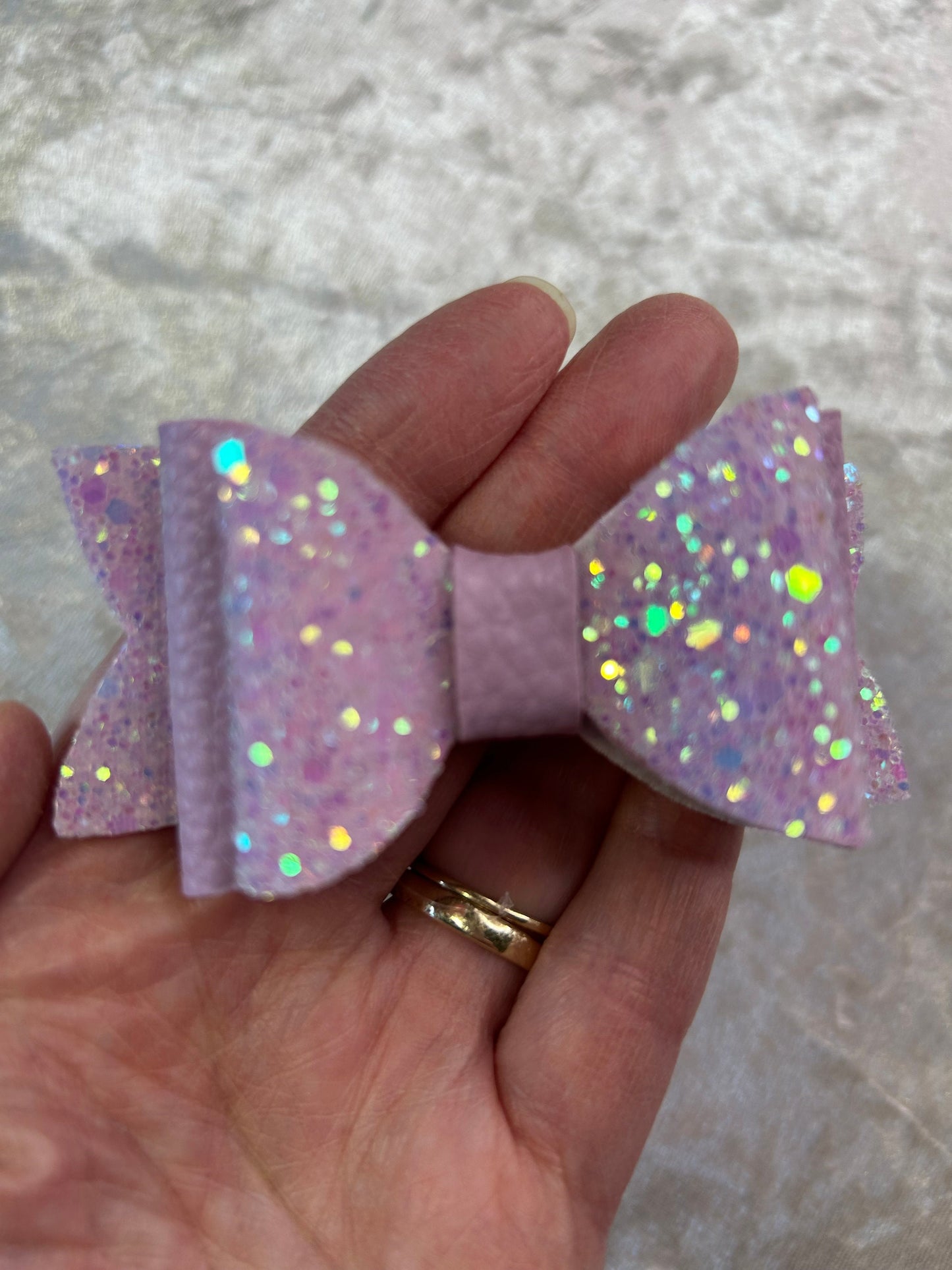 Glitzy Pink Delights, double glitter and pink leatherette bow sold singular.