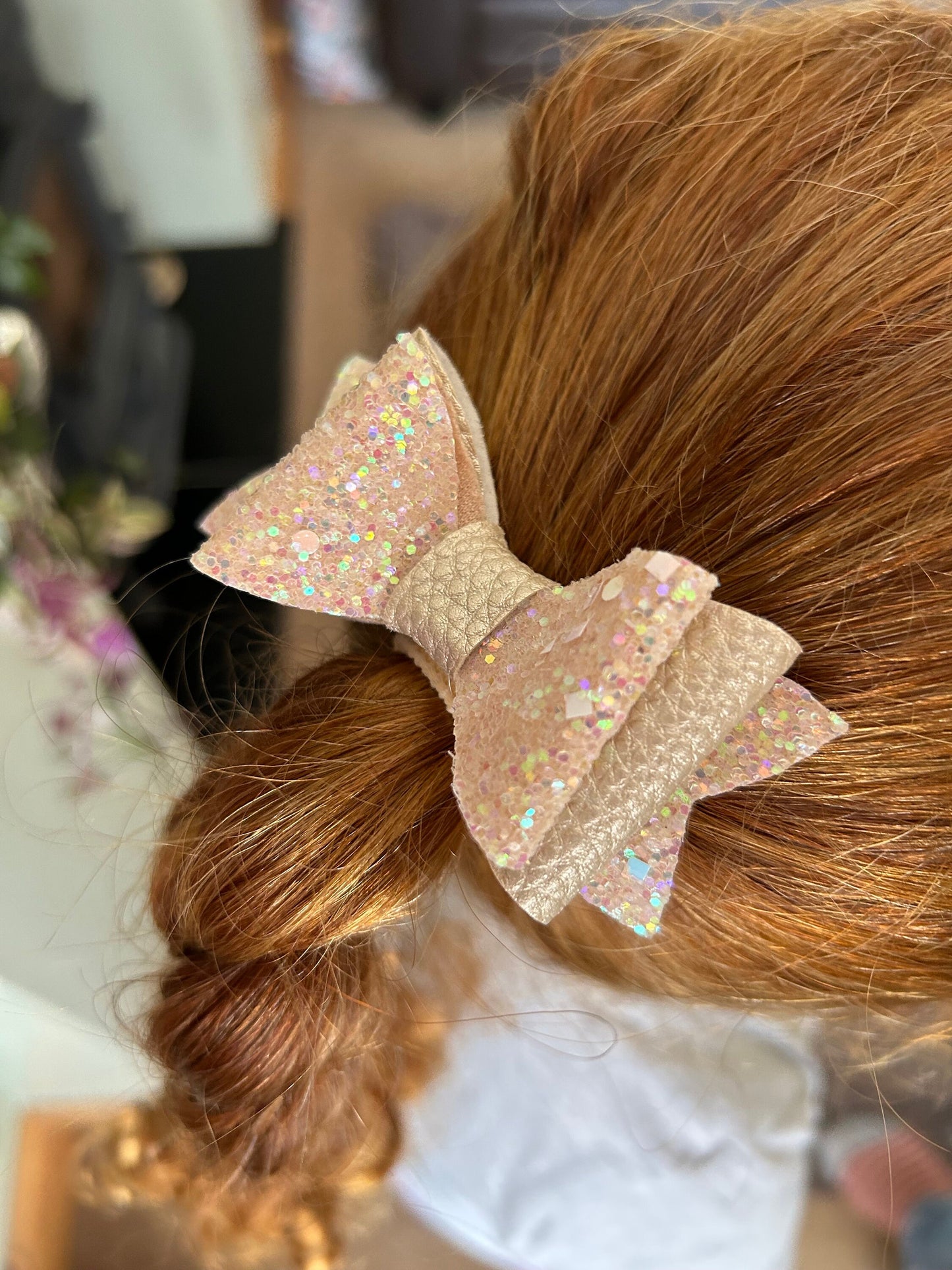 Champagne chunky double glitter with nude leatherette bow sold singular. Christmas Eve box/stocking filler