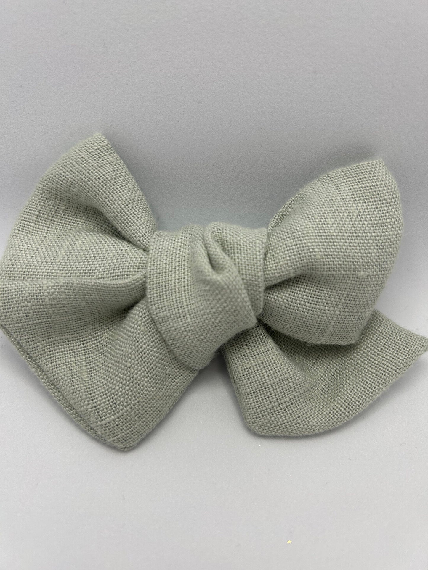 Linen sage green bow - Hand Tied with a choice of Clip or Bobble