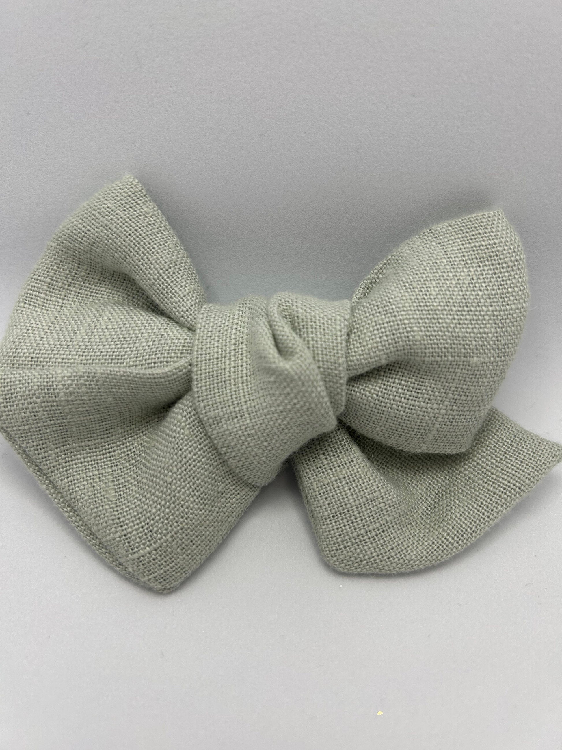 Linen sage green bow - Hand Tied with a choice of Clip or Bobble