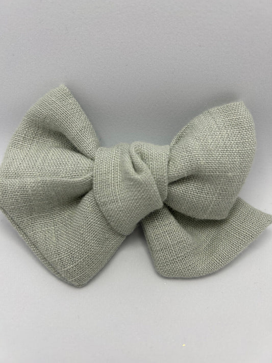 Linen sage green bow - Hand Tied with a choice of Clip or Bobble
