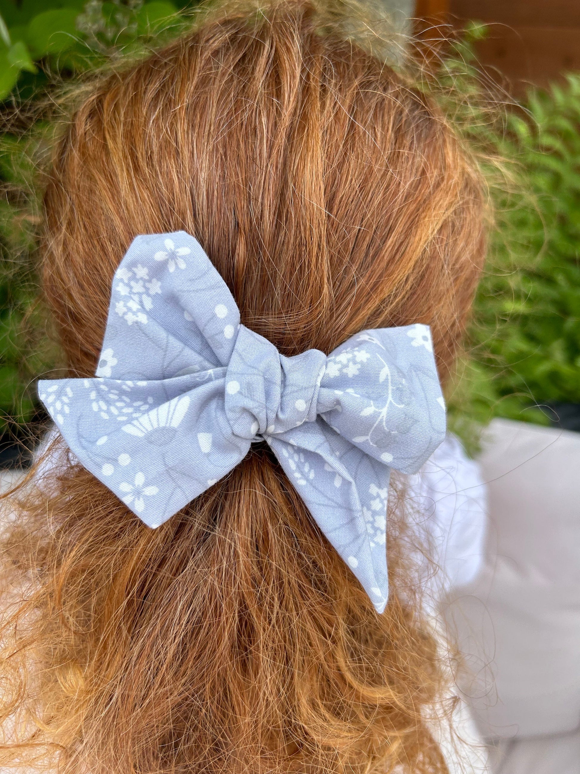Grey floral hand tied bow | clip or bobble | Girl hair clip | hair bow