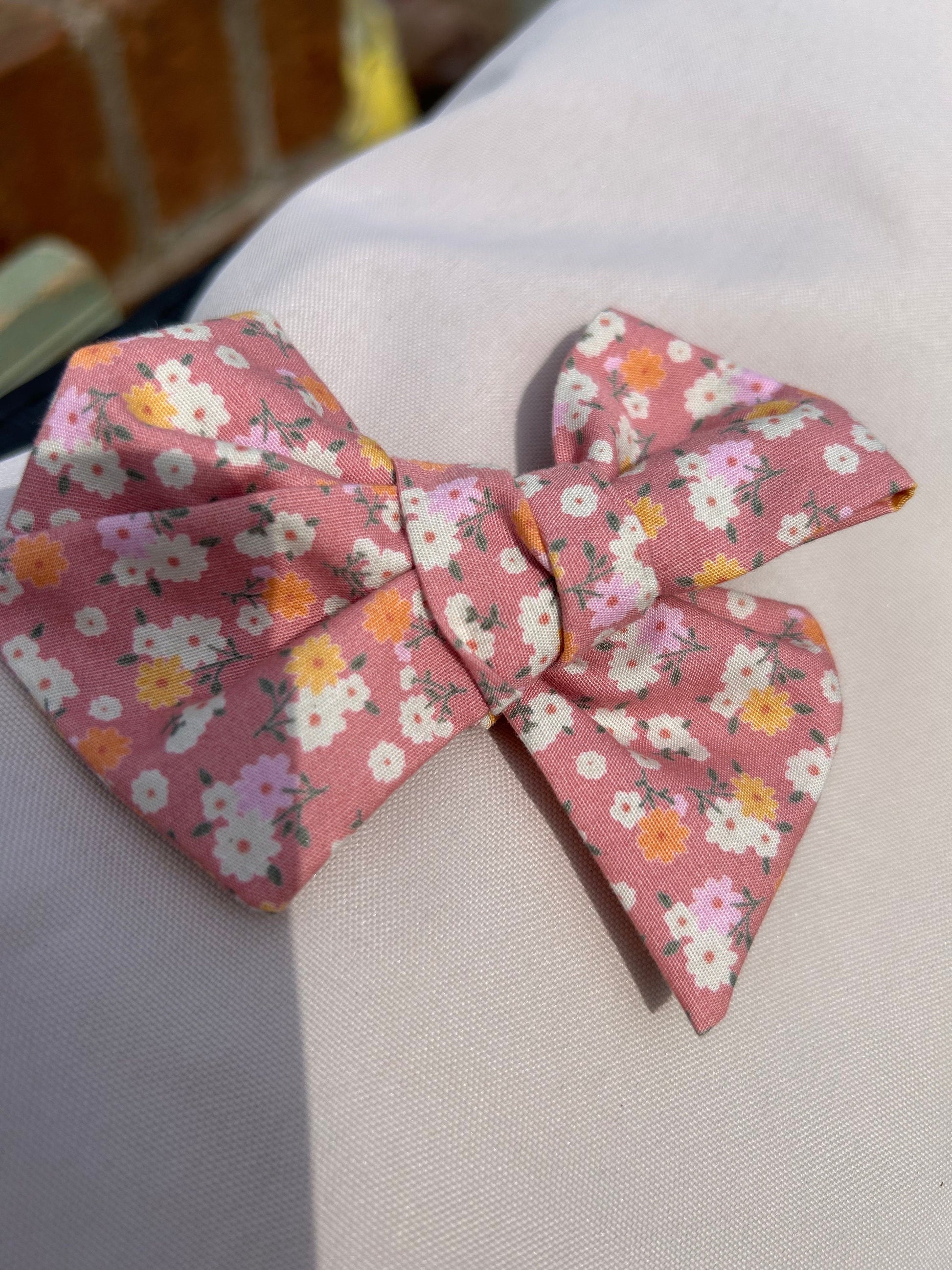 Pink ditsy flower print hand tied bow | clip or bobble | Girl hair clip | hair bow