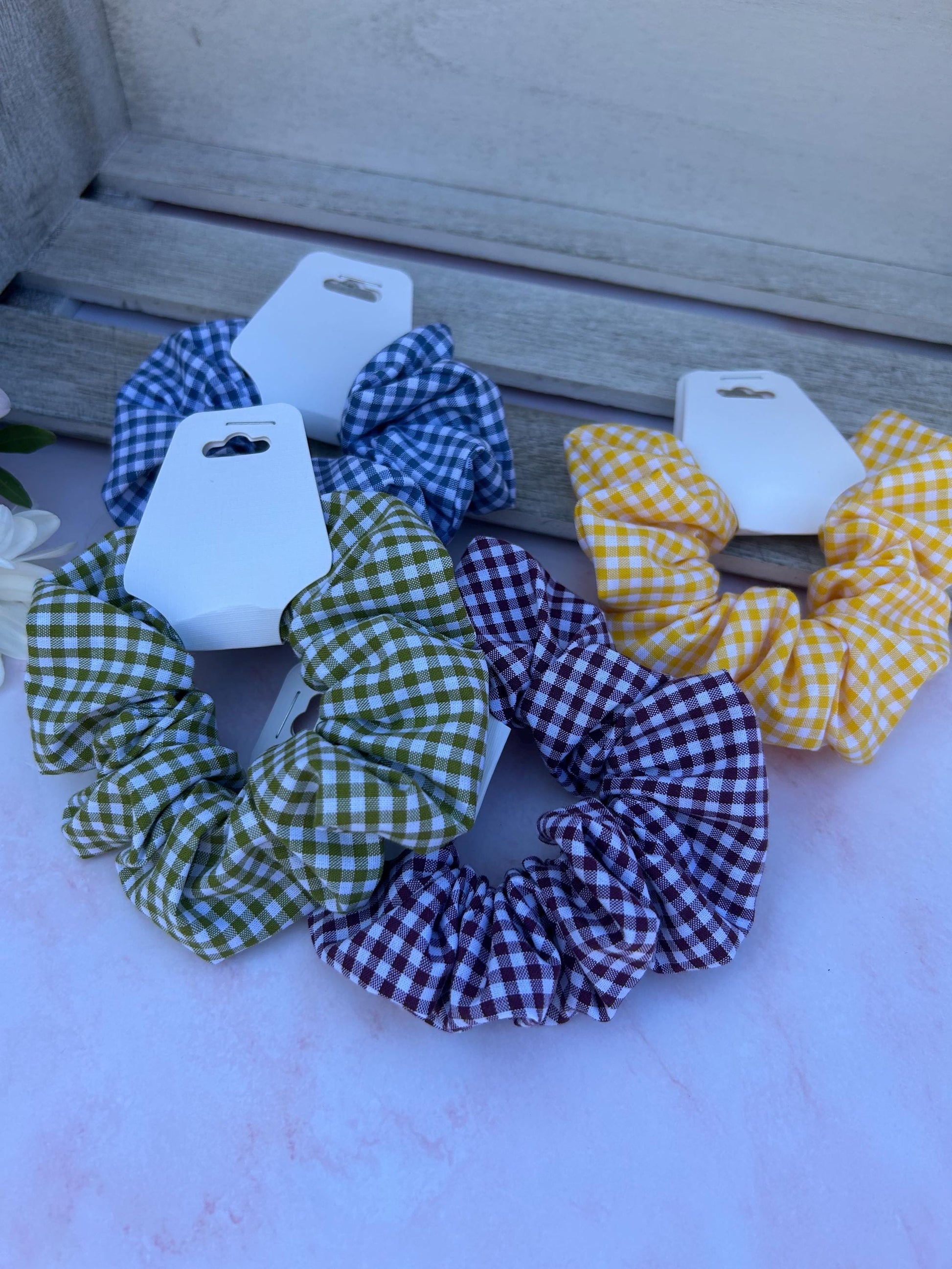 School Gingham Srunchies- school accessories- in four different colour ways