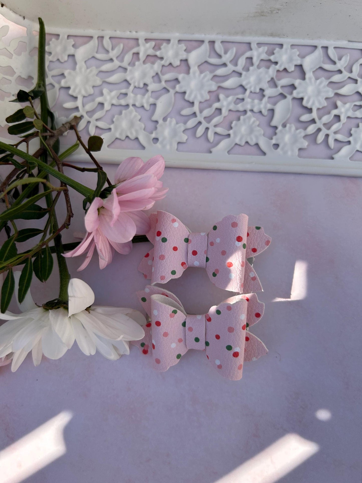 Pink Polka Dot Leather Bow Clips – Handmade Hair Accessories for Girls