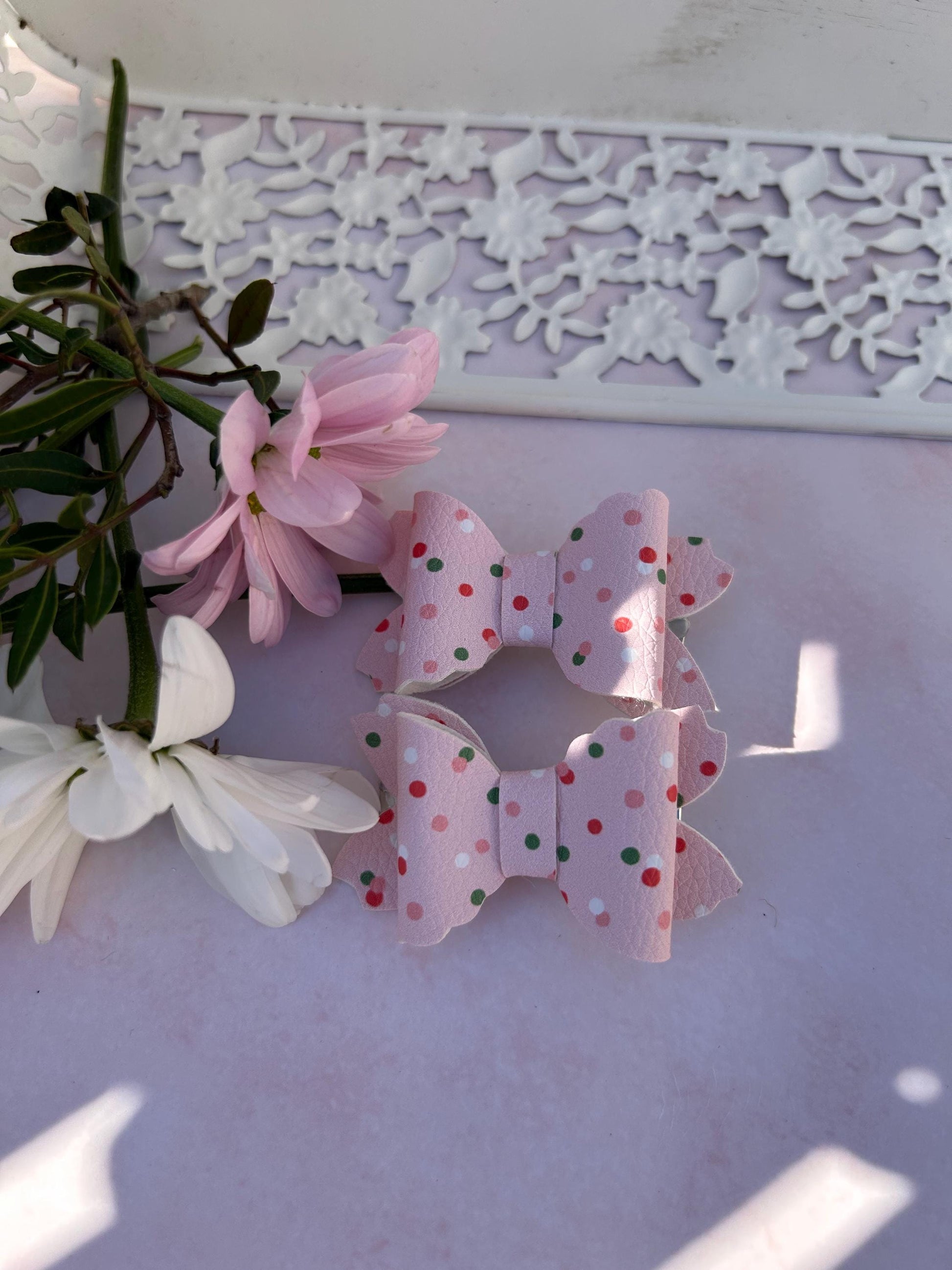 Pink Polka Dot Leather Bow Clips – Handmade Hair Accessories for Girls
