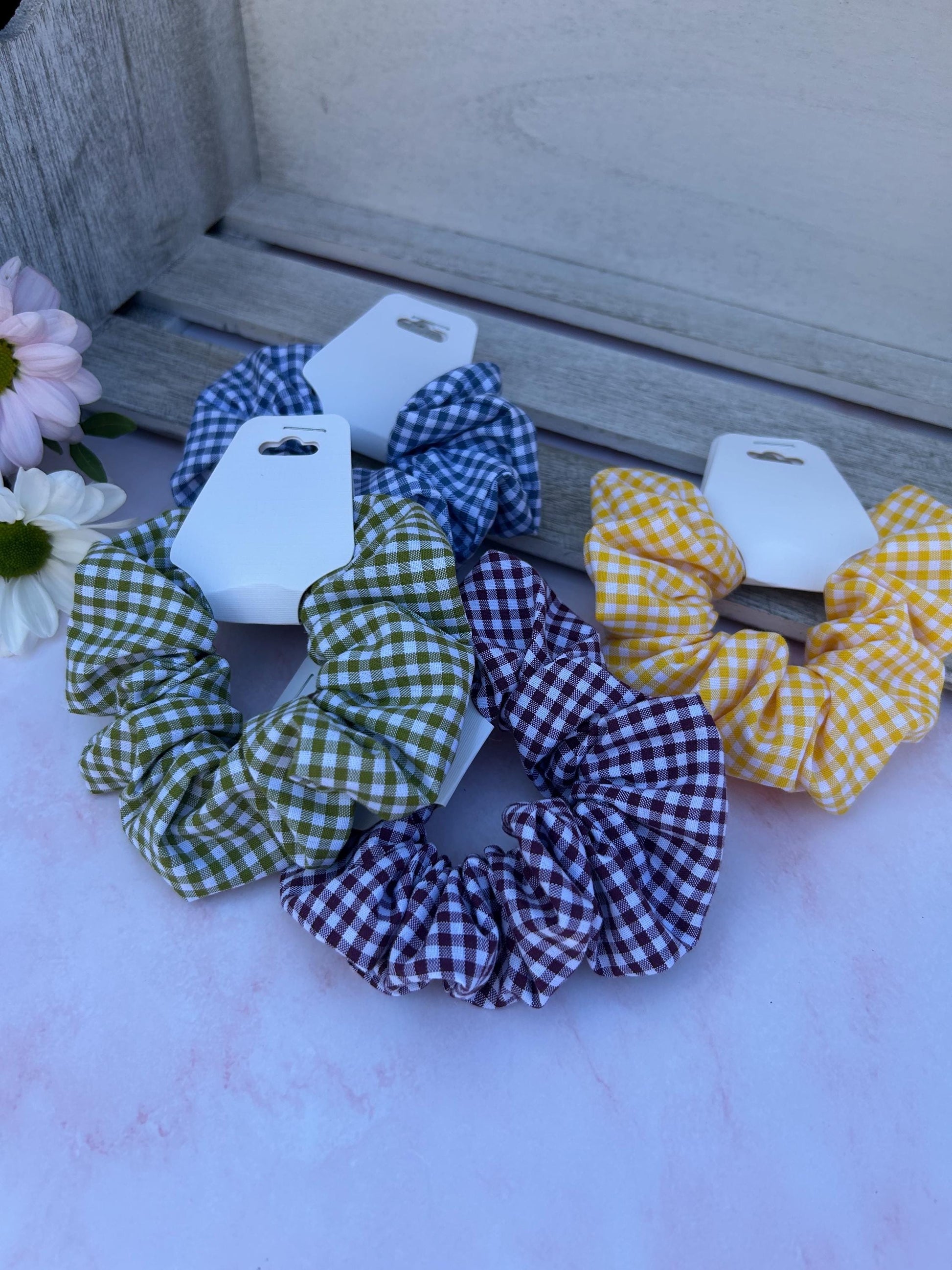 School Gingham Srunchies- school accessories- in four different colour ways