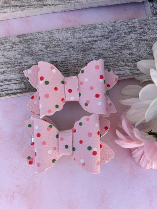 Pink Polka Dot Leather Bow Clips – Handmade Hair Accessories for Girls